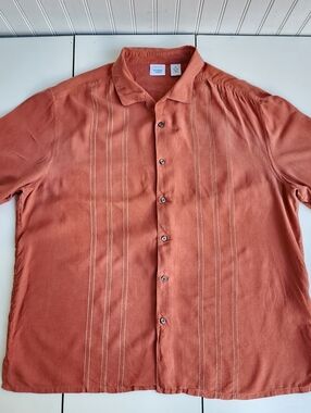 Rainforest 100% SILK Orange Hawaiian  Button up Shirt Embroidered Sz XL